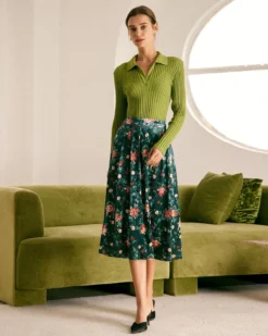The Green Elastic Waist Floral Velvet Midi Skirt -Deals Dress N Swimwear Store the green floral velvet midi skirt bottoms mnehy7
