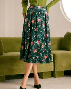 The Green Elastic Waist Floral Velvet Midi Skirt -Deals Dress N Swimwear Store the green floral velvet midi skirt green bottoms uvf70e