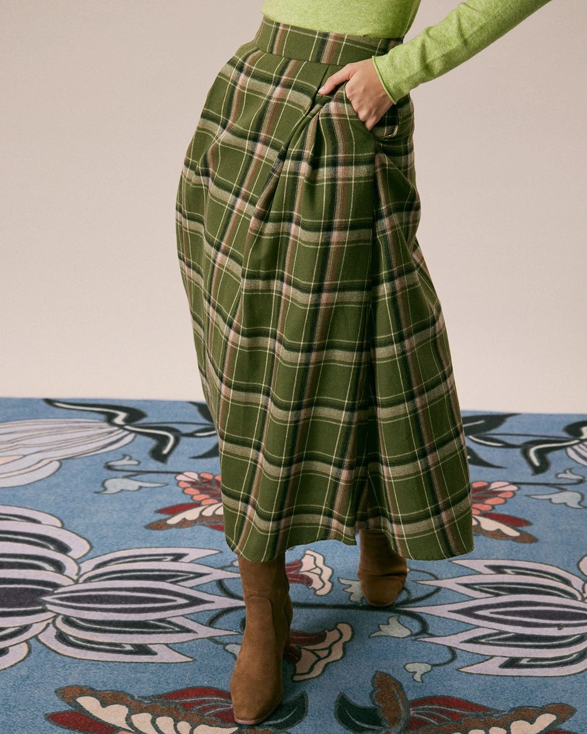 The Green Natural Waisted Plaid Midi Skirt 4 The Green Natural Waisted Plaid Midi Skirt - Image 4
