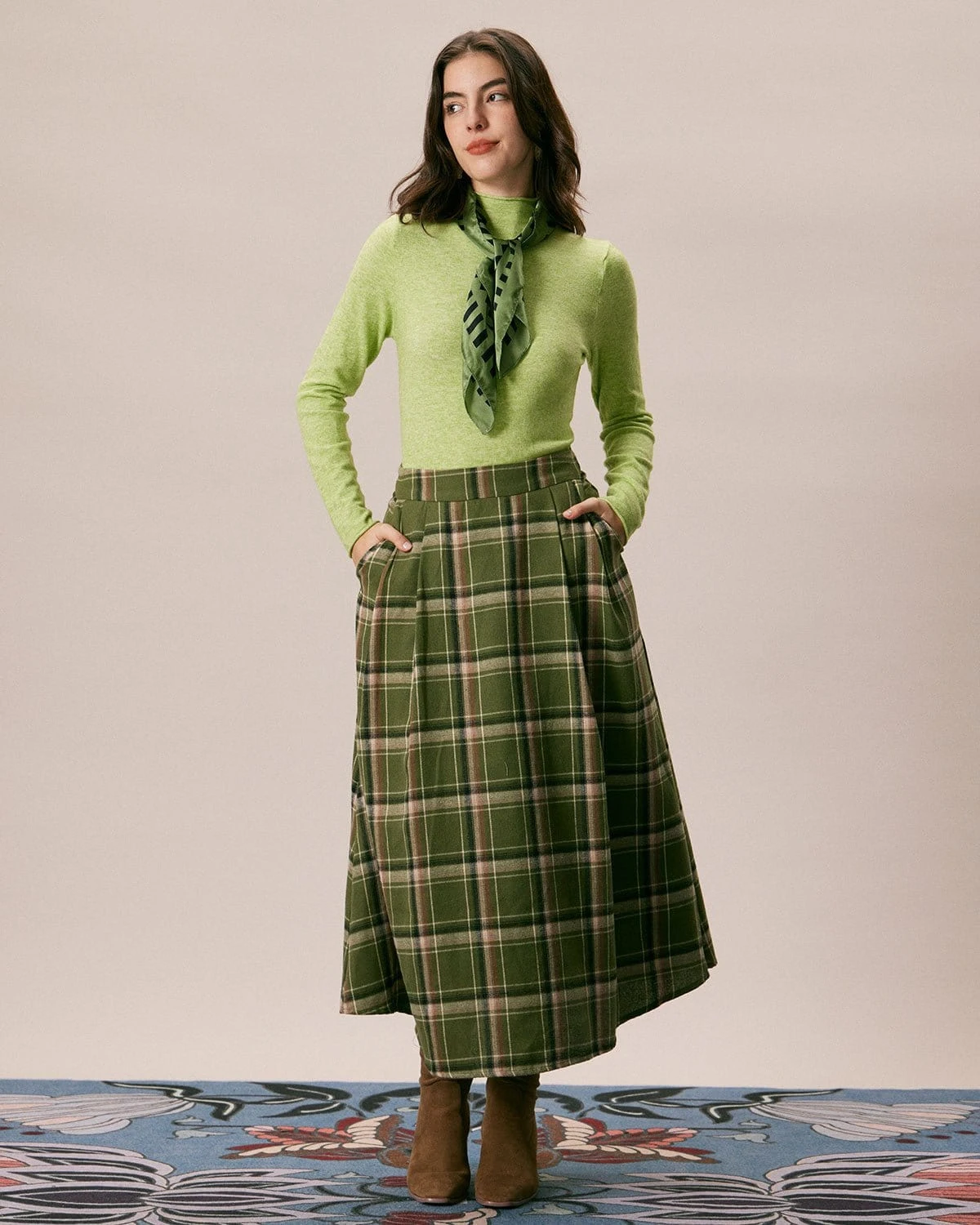 The Green Natural Waisted Plaid Midi Skirt 2 The Green Natural Waisted Plaid Midi Skirt - Image 2