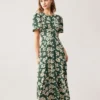 The Green Round Neck Short Sleeve Floral Midi Dress