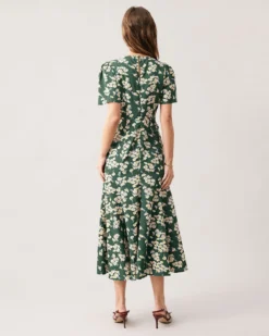 The Green Round Neck Short Sleeve Floral Midi Dress -Deals Dress N Swimwear Store the green round neck floral hollow out maxi dress dresses xs2hv1 830435