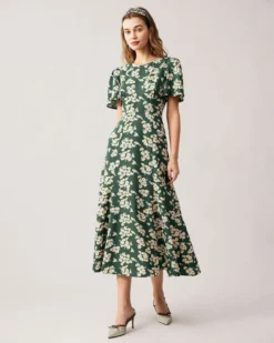 The Green Round Neck Short Sleeve Floral Midi Dress -Deals Dress N Swimwear Store the green round neck floral hollow out maxi dress green dresses prje1u 714077