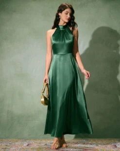 The Green Ruched Satin Maxi Dress -Deals Dress N Swimwear Store the green ruched satin maxi dress dresses popvzl