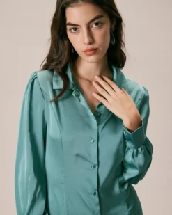 The Green Lapel Button Satin Shirt Mini Dress -Deals Dress N Swimwear Store the green satin shirt mini dress dresses jtw0vw 331924