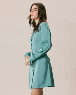 The Green Lapel Button Satin Shirt Mini Dress -Deals Dress N Swimwear Store the green satin shirt mini dress dresses n0mnq5