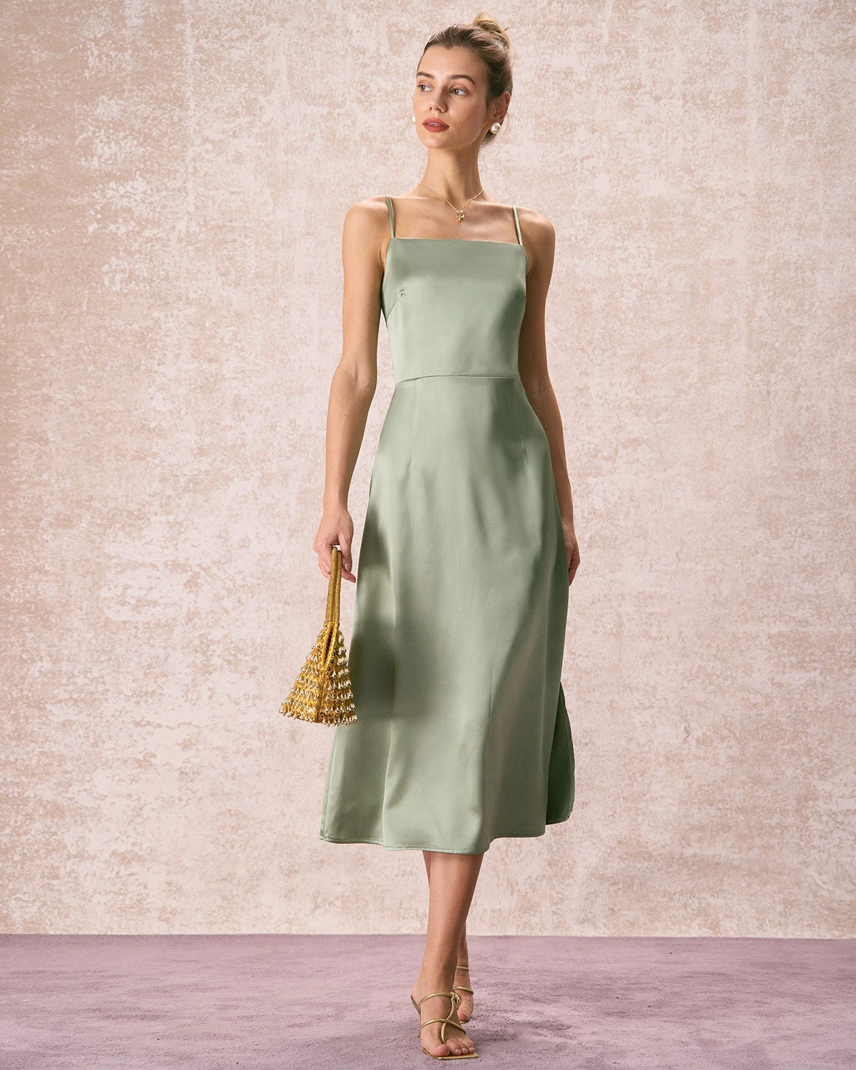 The Green Square Neck Satin Slip Midi Dress 1 The Green Square Neck Satin Slip Midi Dress
