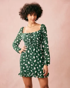 The Green Square Neck Long Sleeve Mini Dress