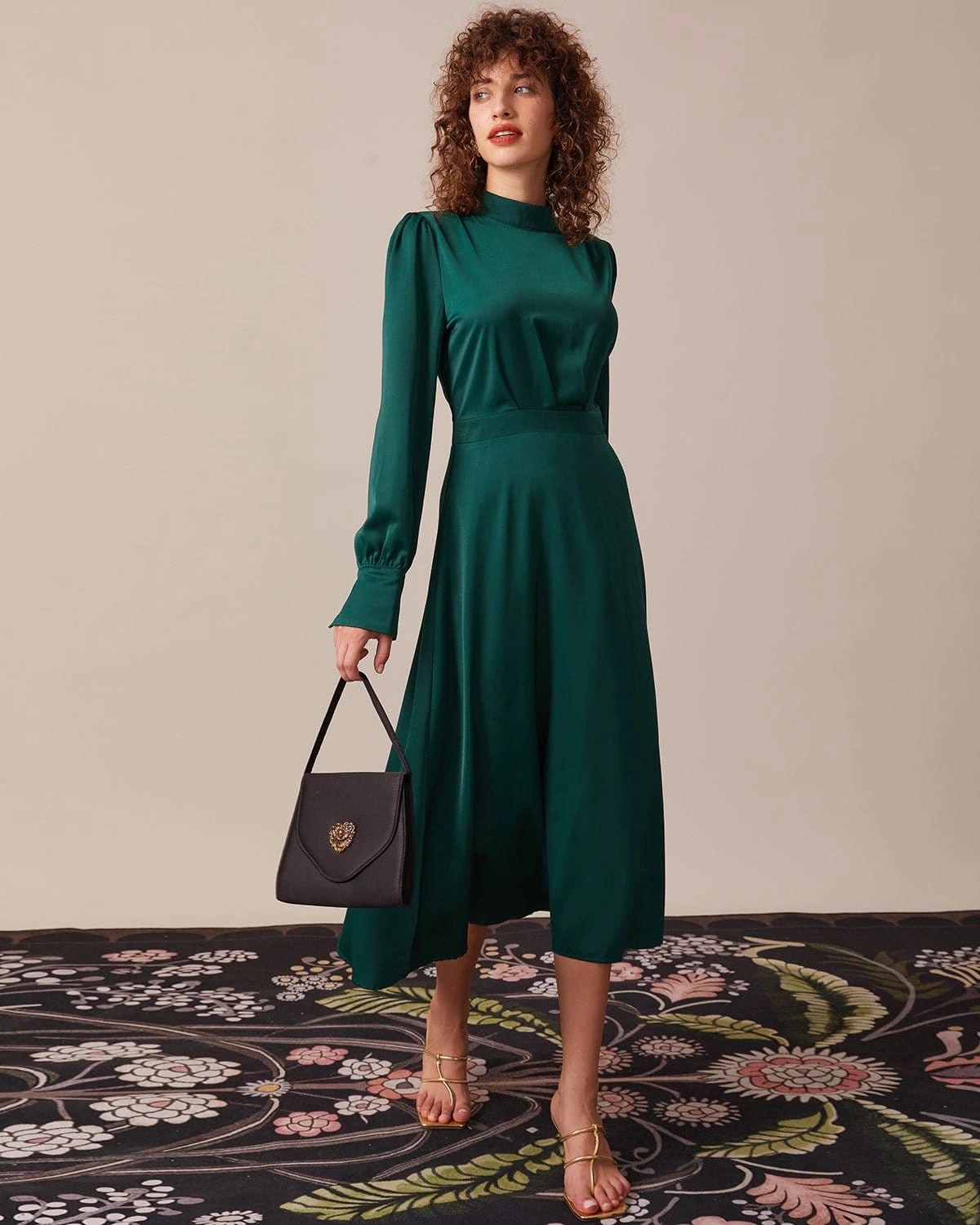 The Green Stand Collar Pleated Satin Midi Dress 2 The Green Stand Collar Pleated Satin Midi Dress - Image 2