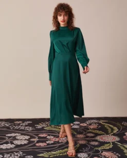 The Green Stand Collar Pleated Satin Midi Dress 8 The Green Stand Collar Pleated Satin Midi Dress -Deals Dress N Swimwear Store the green stand pleated satin dress dresses jlly5p 953400