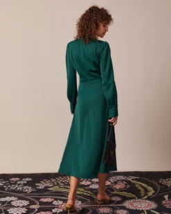 The Green Stand Collar Pleated Satin Midi Dress 11 The Green Stand Collar Pleated Satin Midi Dress -Deals Dress N Swimwear Store the green stand pleated satin dress dresses q2tatn 133201