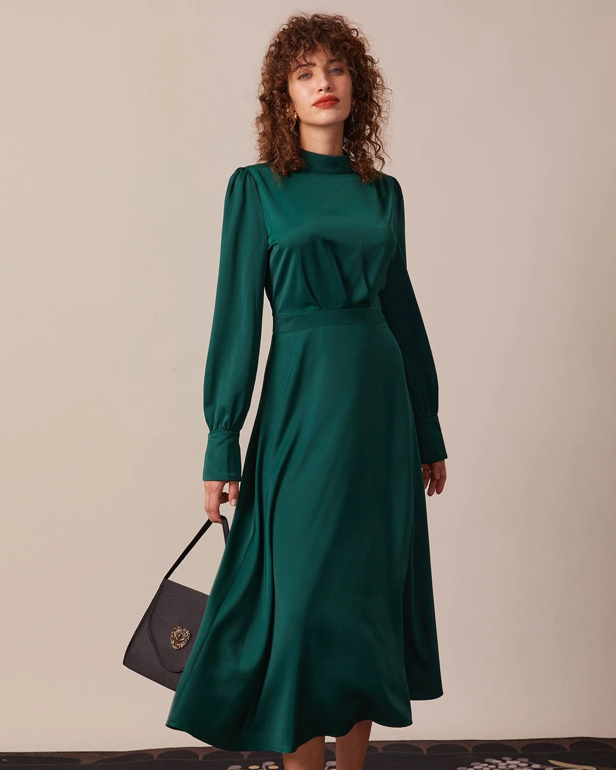 The Green Stand Collar Pleated Satin Midi Dress 1 The Green Stand Collar Pleated Satin Midi Dress