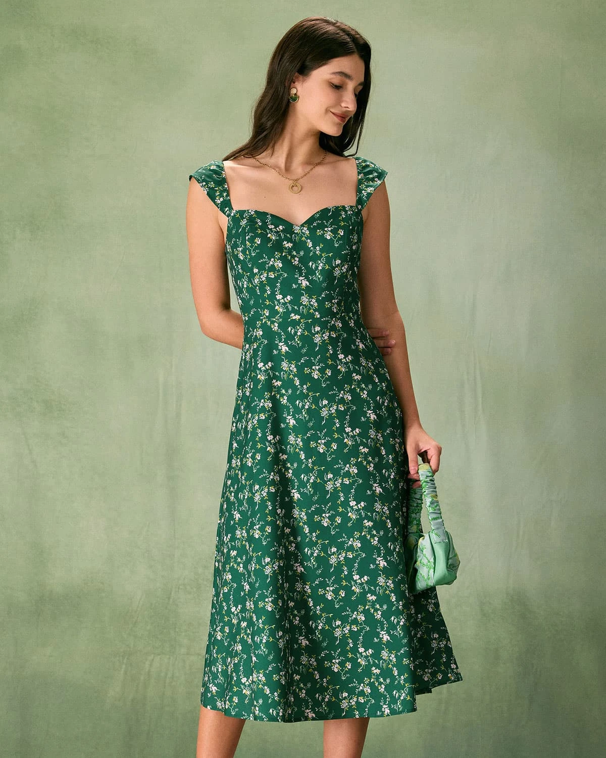 The Green Sweetheart Neck Floral Midi Dress 4 The Green Sweetheart Neck Floral Midi Dress - Image 4