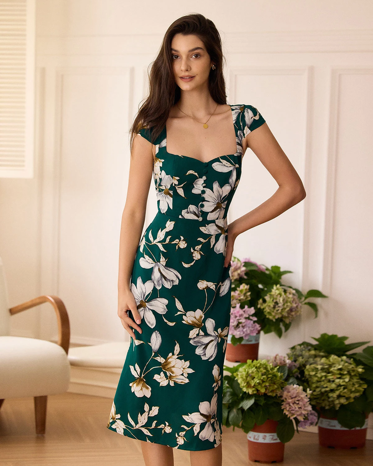 The Green Sweetheart Neck Cap Sleeve Floral Midi Dress 1 The Green Sweetheart Neck Cap Sleeve Floral Midi Dress