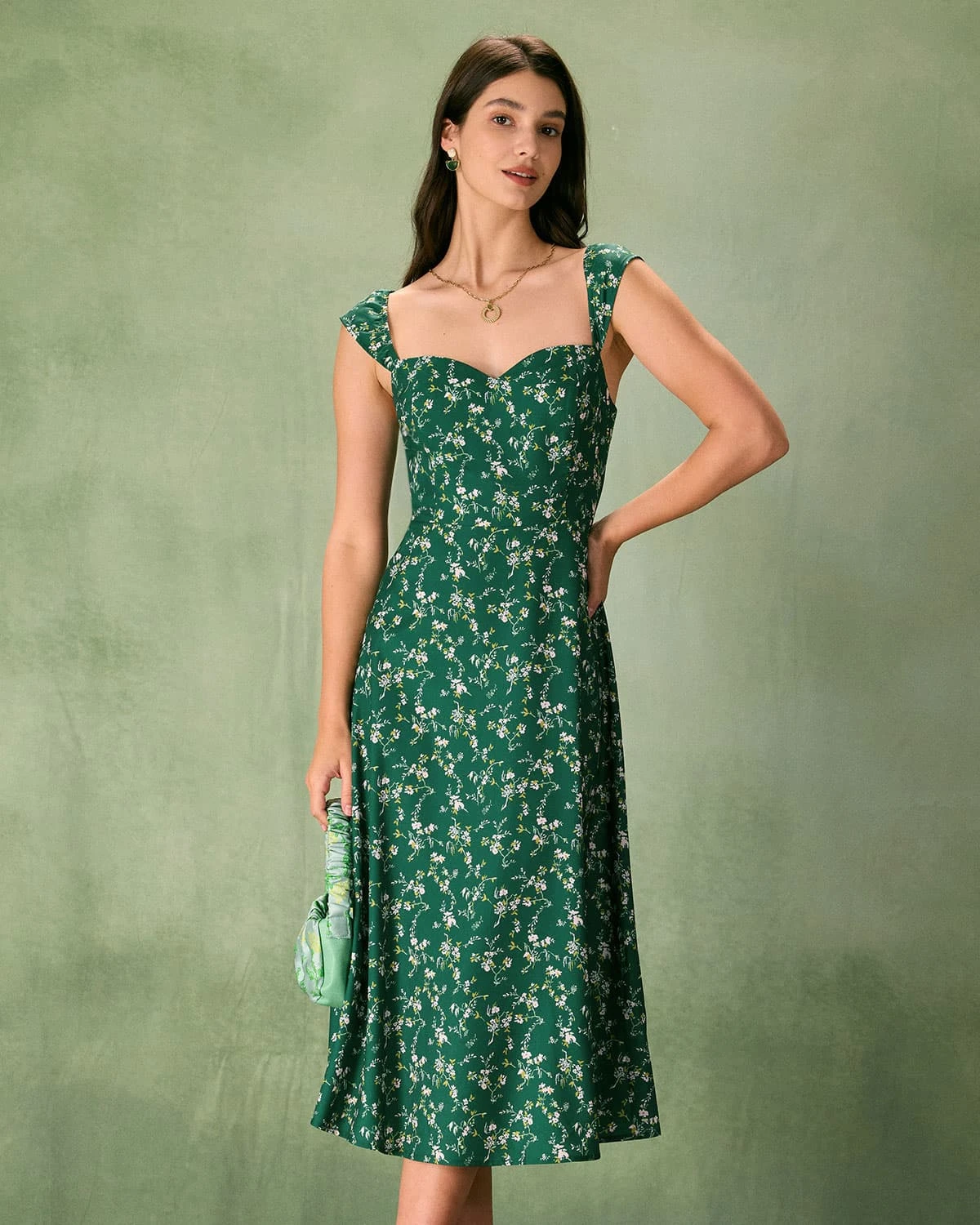 The Green Sweetheart Neck Floral Midi Dress 1 The Green Sweetheart Neck Floral Midi Dress
