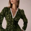 The Green V Neck Lace Floral Velvet Blouse