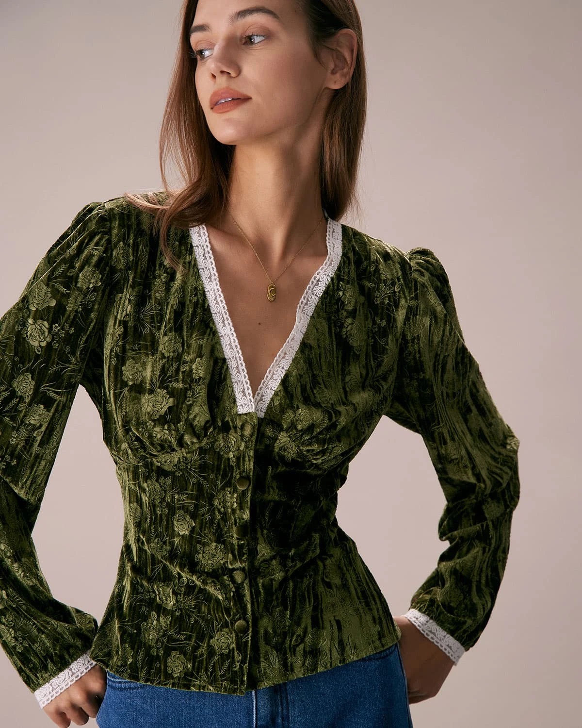 The Green V Neck Lace Floral Velvet Blouse 1 The Green V Neck Lace Floral Velvet Blouse