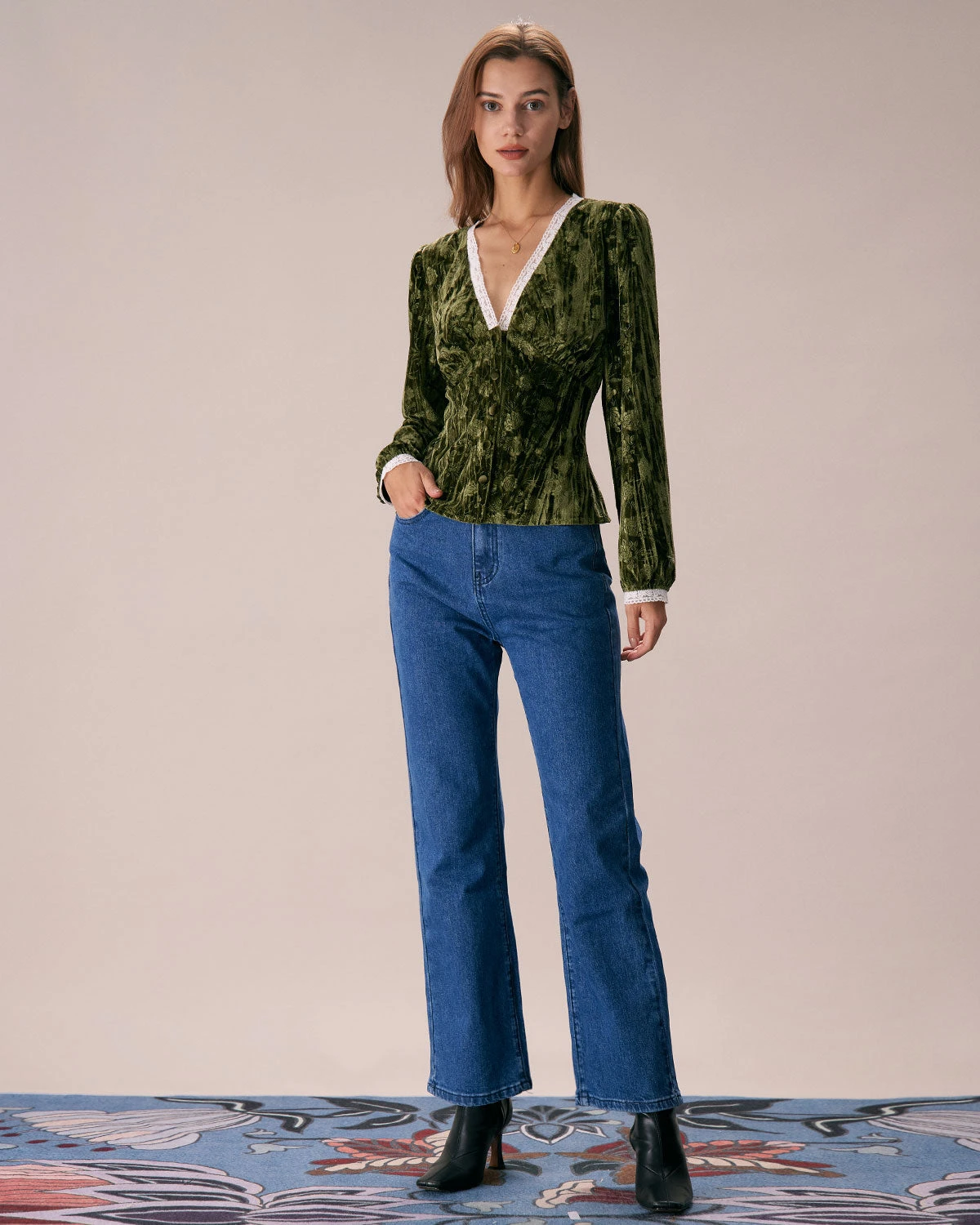 The Green V Neck Lace Floral Velvet Blouse 4 The Green V Neck Lace Floral Velvet Blouse - Image 4