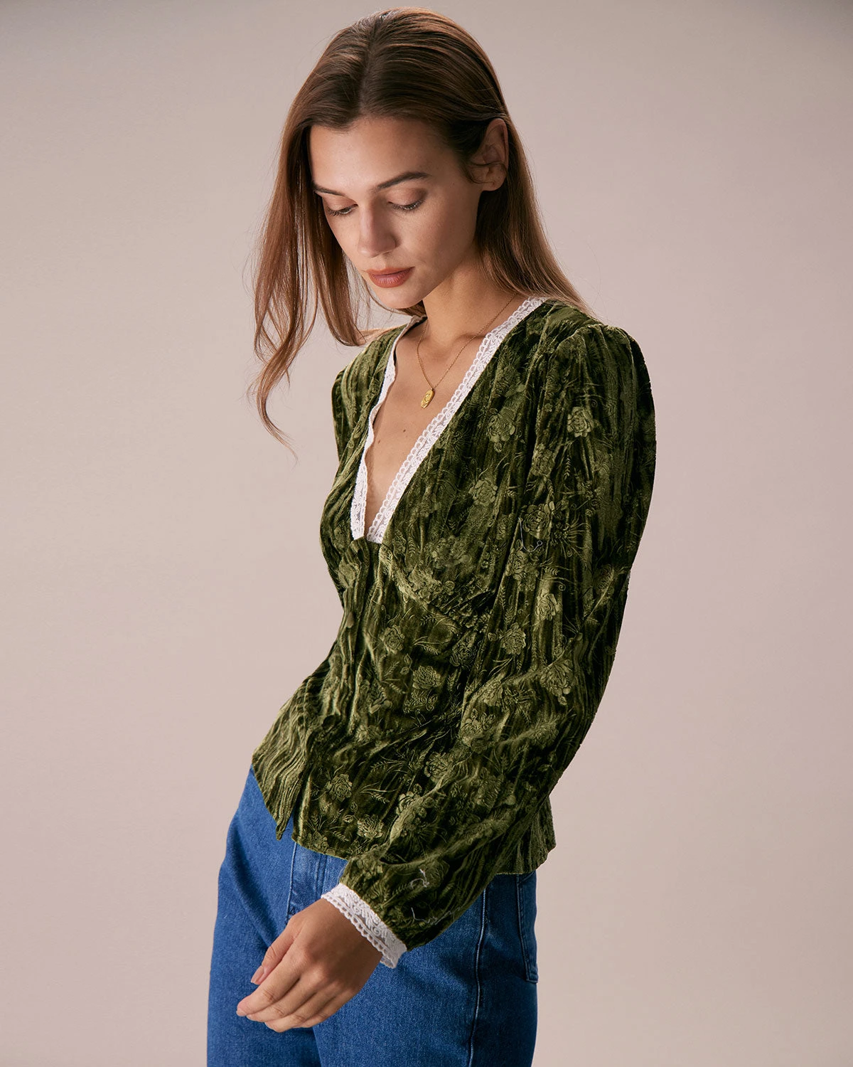 The Green V Neck Lace Floral Velvet Blouse 3 The Green V Neck Lace Floral Velvet Blouse - Image 3