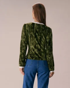 The Green V Neck Lace Floral Velvet Blouse 9 The Green V Neck Lace Floral Velvet Blouse -Deals Dress N Swimwear Store the green v neck lace velvet blouse tops r7ktct