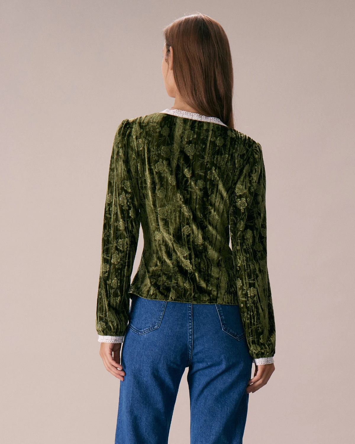 The Green V Neck Lace Floral Velvet Blouse 5 The Green V Neck Lace Floral Velvet Blouse - Image 5