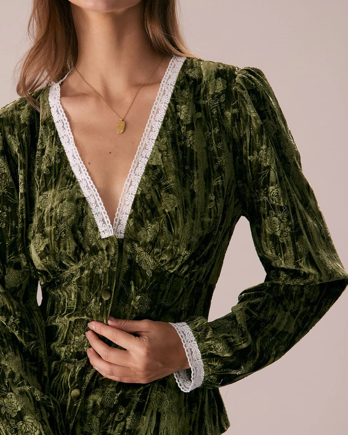 The Green V Neck Lace Floral Velvet Blouse 2 The Green V Neck Lace Floral Velvet Blouse - Image 2