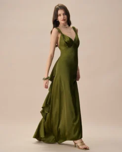 The Green V Neck Ruched Satin Maxi Dress -Deals Dress N Swimwear Store the green v neck ruched satin maxi dress dresses 4cibri