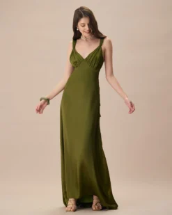 The Green V Neck Ruched Satin Maxi Dress -Deals Dress N Swimwear Store the green v neck ruched satin maxi dress dresses 4xkdmx