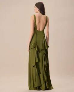 The Green V Neck Ruched Satin Maxi Dress -Deals Dress N Swimwear Store the green v neck ruched satin maxi dress dresses gmhglf