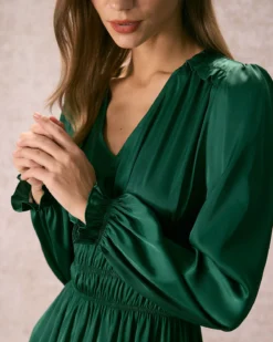 The Green V Neck Ruched Satin Midi Dress -Deals Dress N Swimwear Store the green v neck satin midi dress dresses 9wz80c