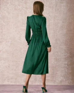 The Green V Neck Ruched Satin Midi Dress -Deals Dress N Swimwear Store the green v neck satin midi dress dresses sjj1su