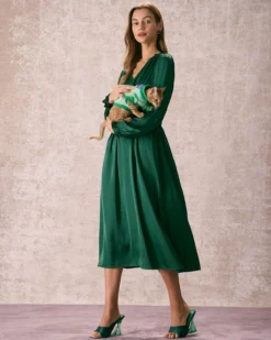 The Green V Neck Ruched Satin Midi Dress -Deals Dress N Swimwear Store the green v neck satin midi dress dresses zfngk4