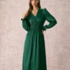 The Green V Neck Ruched Satin Midi Dress