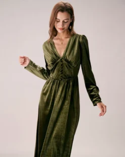 The Green V Neck Velvet Ruched Midi Dress -Deals Dress N Swimwear Store the green v neck velvet ruched midi dress dresses bztby1