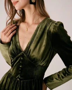 The Green V Neck Velvet Ruched Midi Dress -Deals Dress N Swimwear Store the green v neck velvet ruched midi dress dresses x0dkss