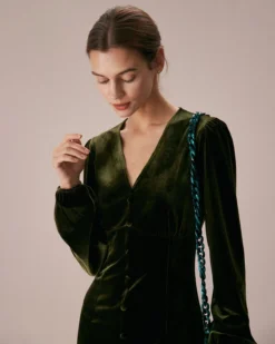 The Green V Neck Button Velvet Midi Dress 8 The Green V Neck Button Velvet Midi Dress -Deals Dress N Swimwear Store the green v neck velvet slit dress dresses 0ypfe3