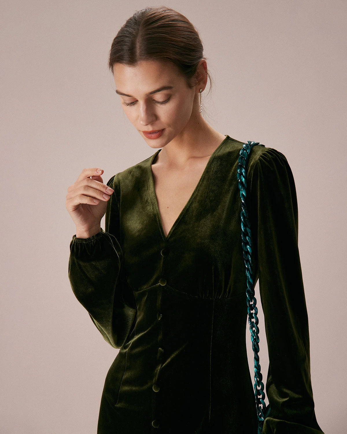 The Green V Neck Button Velvet Midi Dress 4 The Green V Neck Button Velvet Midi Dress - Image 4