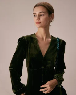 The Green V Neck Button Velvet Midi Dress 7 The Green V Neck Button Velvet Midi Dress -Deals Dress N Swimwear Store the green v neck velvet slit dress dresses 51v2wb