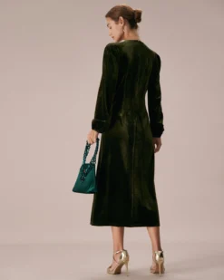 The Green V Neck Button Velvet Midi Dress 9 The Green V Neck Button Velvet Midi Dress -Deals Dress N Swimwear Store the green v neck velvet slit dress dresses hs0ftj