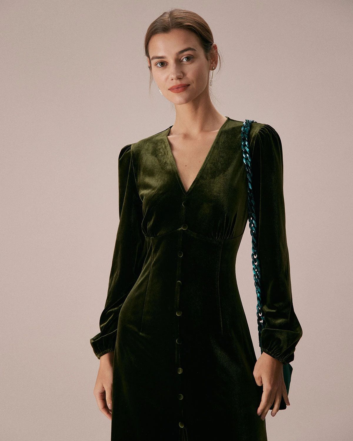 The Green V Neck Button Velvet Midi Dress 2 The Green V Neck Button Velvet Midi Dress - Image 2