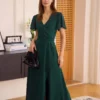 The Green V Neck Button Wrap Maxi Dress