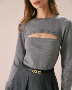 The Grey Crew Neck Cutout Ribbed Sweater -Deals Dress N Swimwear Store the grey crew neck cut out sweater tops eaxpcg