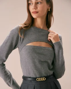 The Grey Crew Neck Cutout Ribbed Sweater -Deals Dress N Swimwear Store the grey crew neck cut out sweater tops egyeib