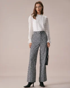 The Grey Wave Pattern Button Straight Pants 7 The Grey Wave Pattern Button Straight Pants -Deals Dress N Swimwear Store the grey high waisted wave pattern straight pants bottoms ikfhxc