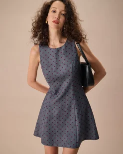 The Grey Round Neck Polka Dot Mini Dress
