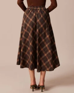 The Brown Elastic Waist Plaid A-Line Midi Skirt 9 The Brown Elastic Waist Plaid A-Line Midi Skirt -Deals Dress N Swimwear Store the high waisted plaid a line skirt bottoms 1gplyw 873413