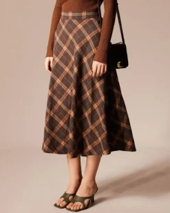 The Brown Elastic Waist Plaid A-Line Midi Skirt 10 The Brown Elastic Waist Plaid A-Line Midi Skirt -Deals Dress N Swimwear Store the high waisted plaid a line skirt bottoms bfwnbq 989016