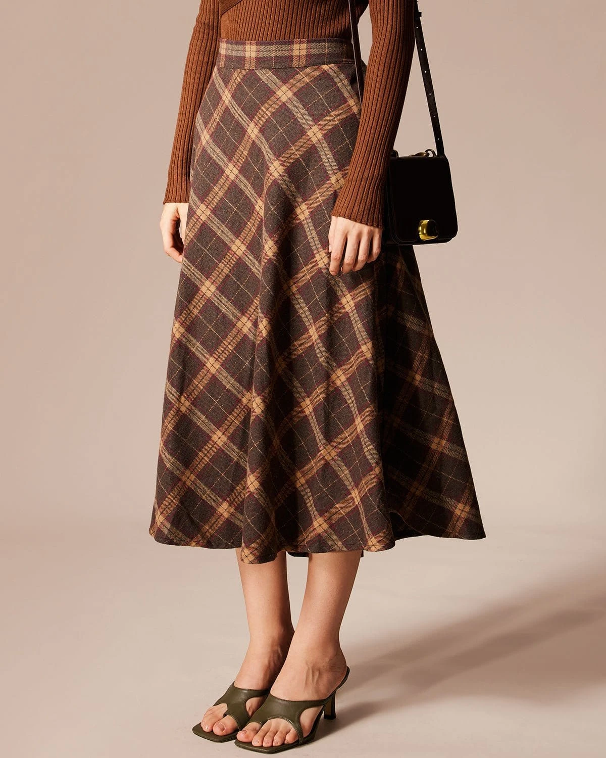 The Brown Elastic Waist Plaid A-Line Midi Skirt 5 The Brown Elastic Waist Plaid A-Line Midi Skirt - Image 5