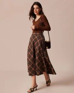 The Brown Elastic Waist Plaid A-Line Midi Skirt 11 The Brown Elastic Waist Plaid A-Line Midi Skirt -Deals Dress N Swimwear Store the high waisted plaid a line skirt bottoms cvhupd 614164