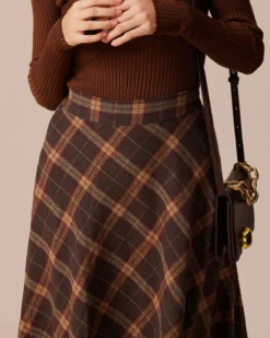 The Brown Elastic Waist Plaid A-Line Midi Skirt 8 The Brown Elastic Waist Plaid A-Line Midi Skirt -Deals Dress N Swimwear Store the high waisted plaid a line skirt bottoms iuogdj